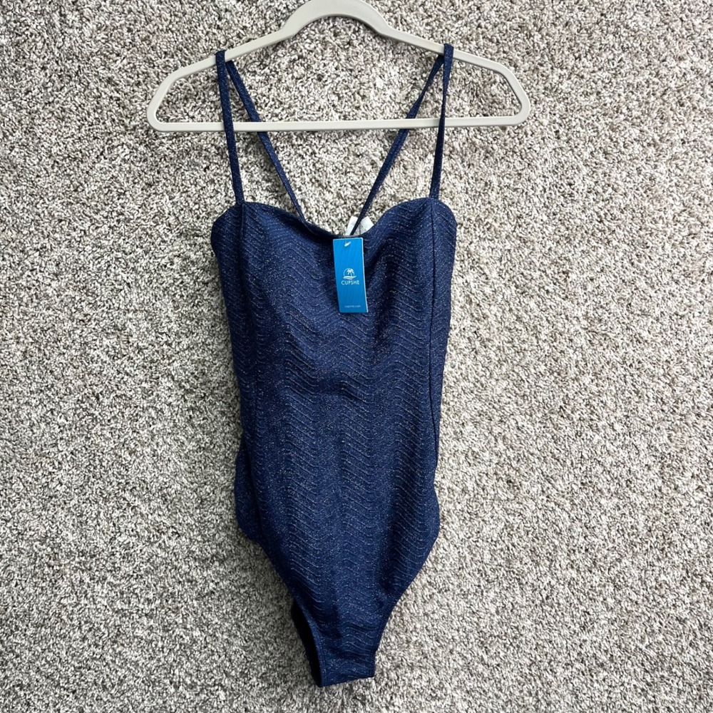 CUPSHE Swimsuit Women's Large Blue Sparkle Ripple Lace-Up Back One Piece NWT
